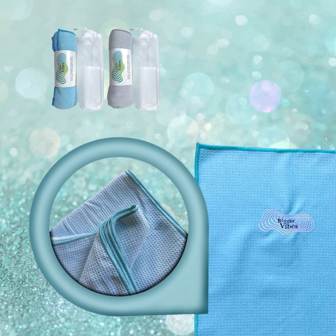 What is a yoga towel: absorbent non-slip microfiber yoga towel shown rolled and flat, designed to cover a yoga mat and improve grip during hot yoga
